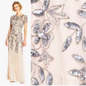 Hand beaded short sleeve Godet Gown in Taupe Pink Petite Size 4